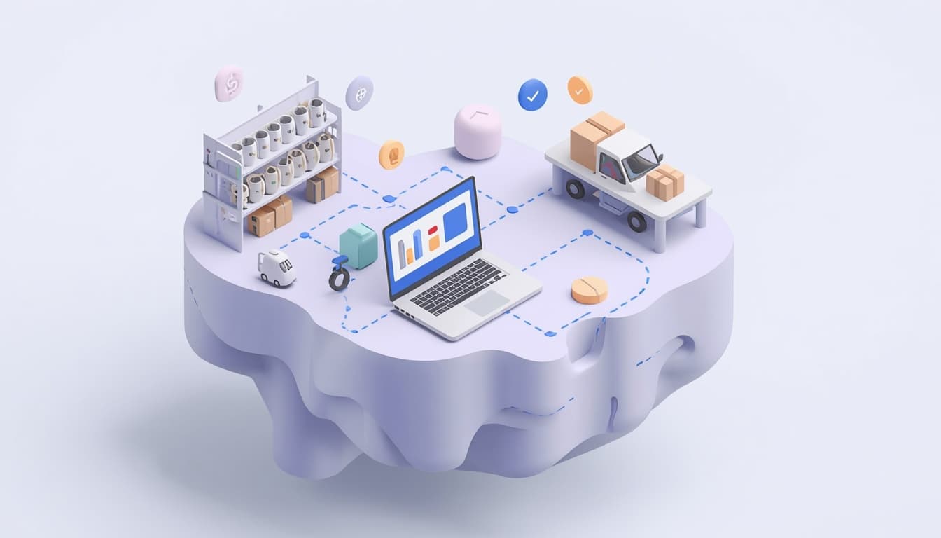 Illustration of a small business connected end to end: a stock shelf, a laptop with charts and a delivery van, linked by dotted lines